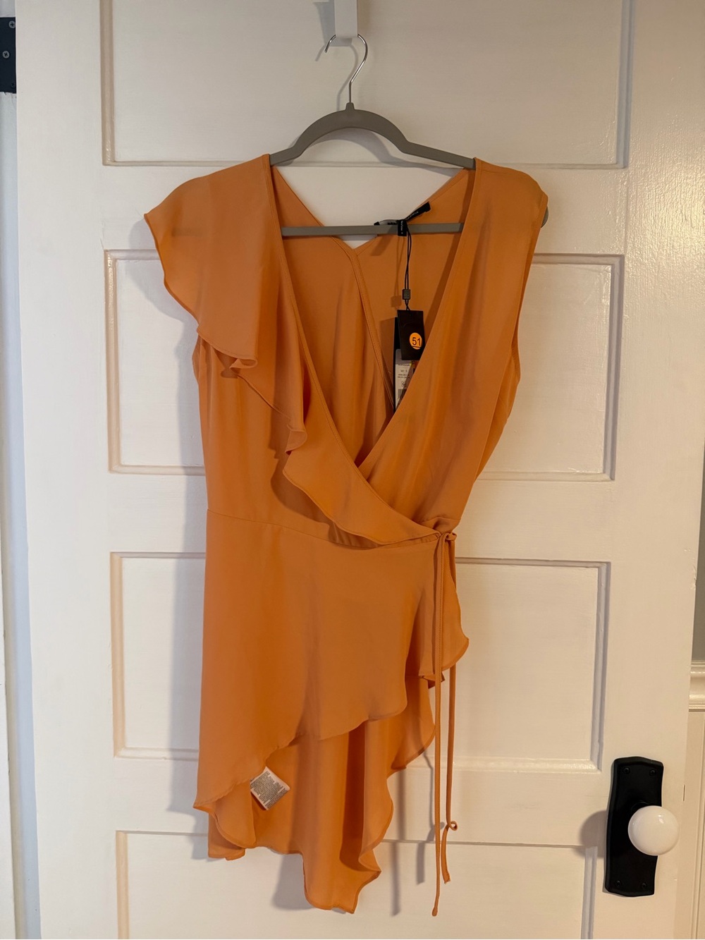 BCBG Maxazria Asymmetrical Wrap Top Shirt Golden Earth Orange Ruffle Size Small